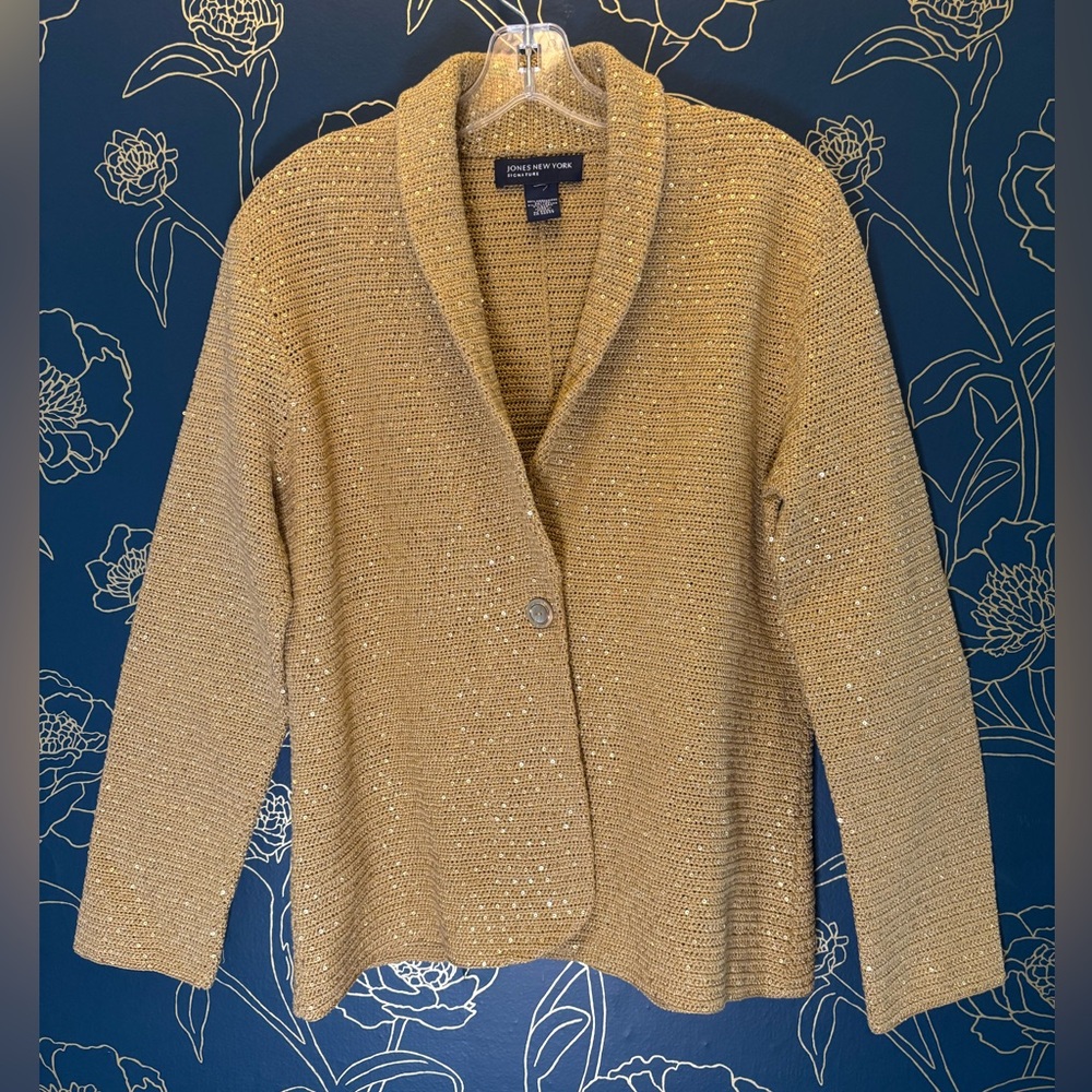 JONES NEW YORK SIGNATURE xl GOLD sequin KNIT blazer JACKET sweater SPARKLE